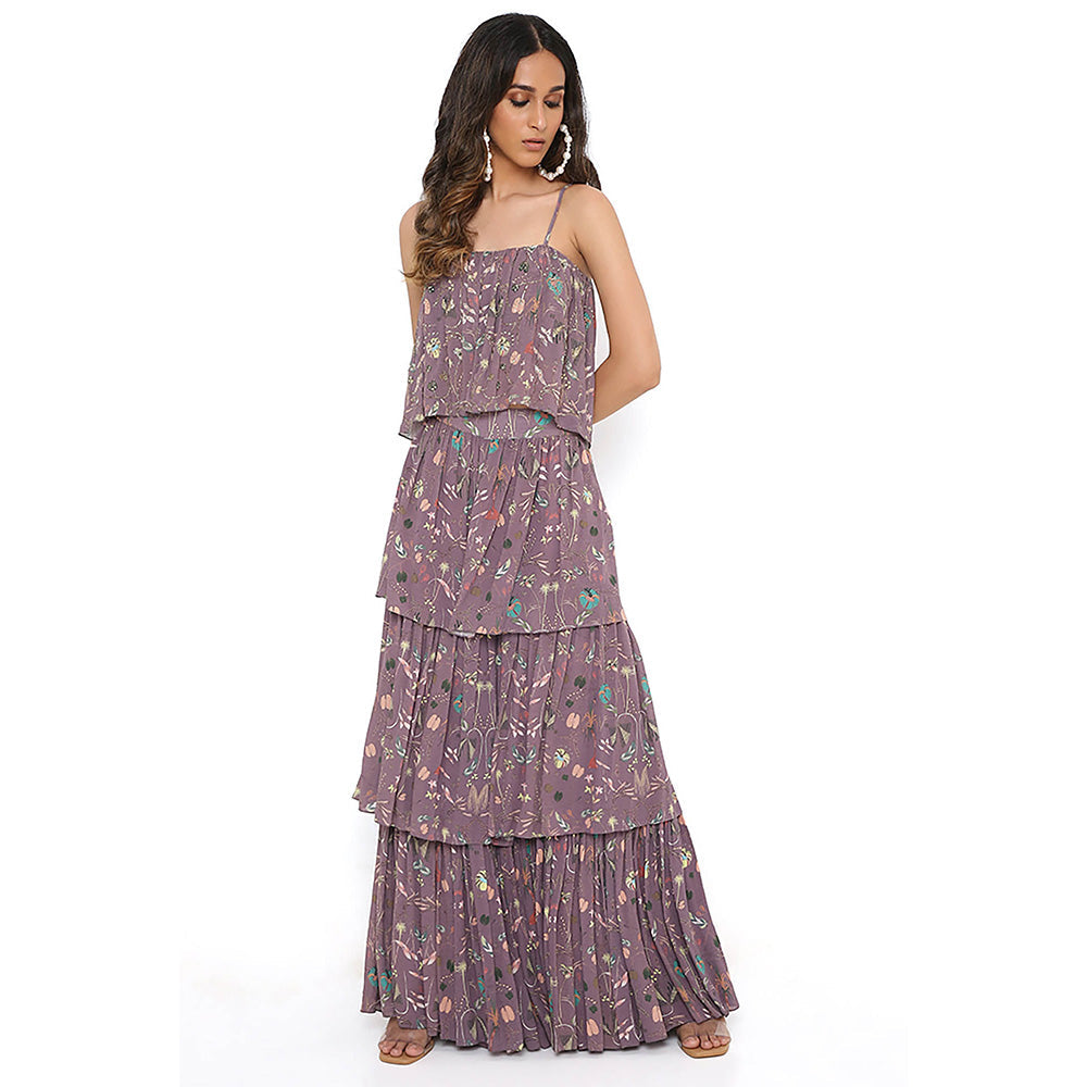 Payal Singhal Purple Print Top with Layered Sharara (Set of 2)