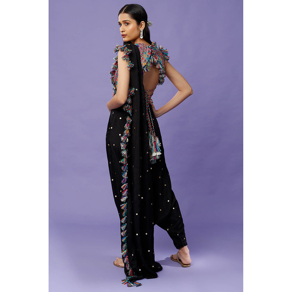 Payal Singhal Black Embroidered Crop Top and Dhoti with Attached Drape (Set of 2)