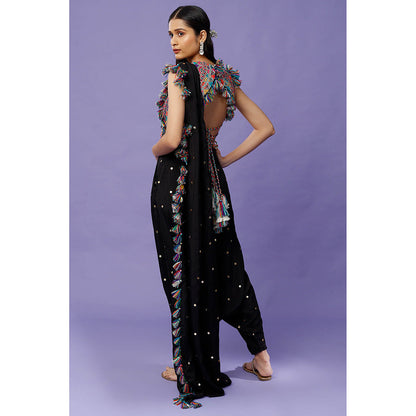 Payal Singhal Black Embroidered Crop Top and Dhoti with Attached Drape (Set of 2)