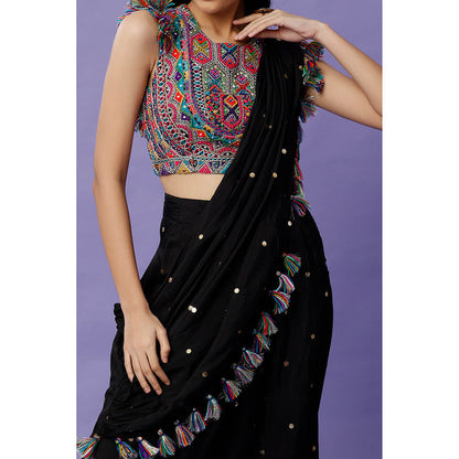 Payal Singhal Black Embroidered Crop Top and Dhoti with Attached Drape (Set of 2)