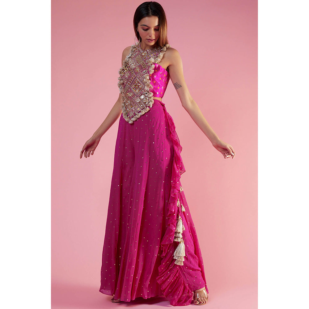 Payal Singhal Rani Pink Embroidered Crop Top with Sharara (Set of 2)