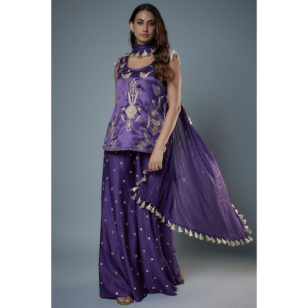 Payal Singhal Purple Embroidered Mirror Work Kurti and Palazzo with Dupatta (Set of 3)