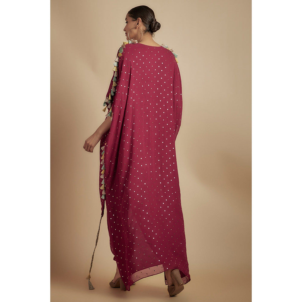 Payal Singhal Maroon Embroidered High Low Kaftan Kurta with Jogger Pant (Set of 2)