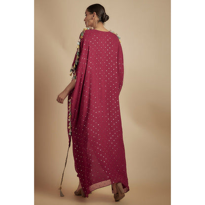 Payal Singhal Maroon Embroidered High Low Kaftan Kurta with Jogger Pant (Set of 2)