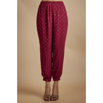 Payal Singhal Maroon Embroidered High Low Kaftan Kurta with Jogger Pant (Set of 2)