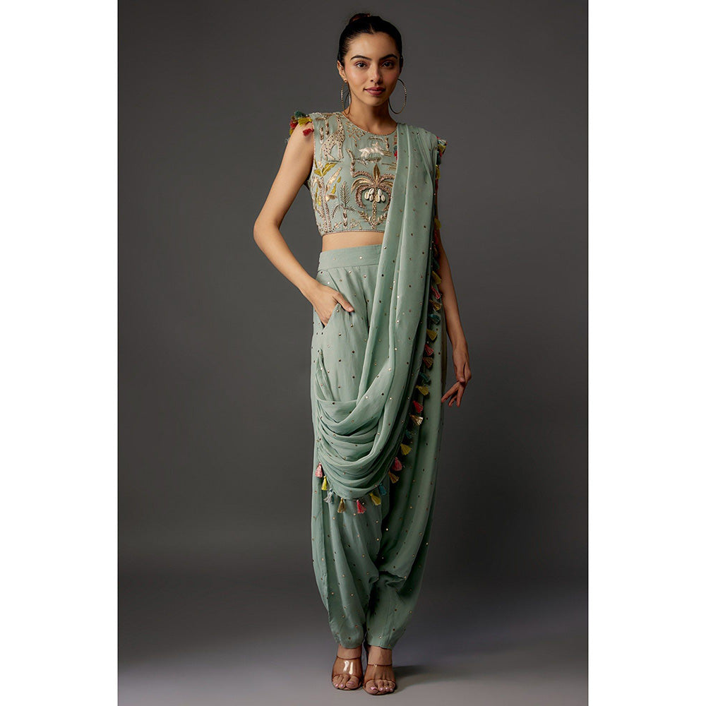 Payal Singhal Powder Green Embroidered Choli and Low Crotch with Attached Drape (Set of 2)