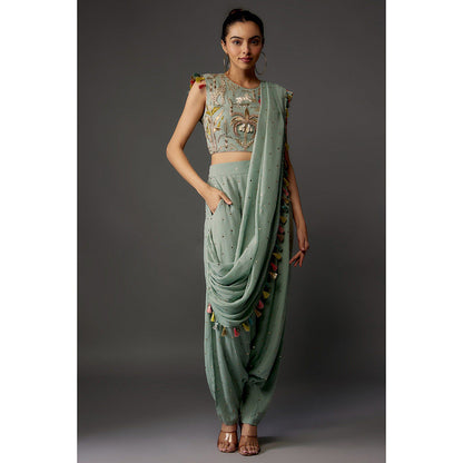 Payal Singhal Powder Green Embroidered Choli and Low Crotch with Attached Drape (Set of 2)