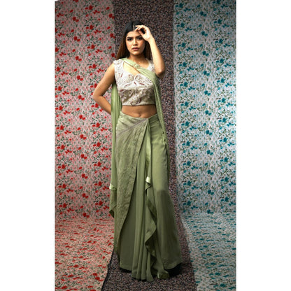 Payal Dawar Green Pre Drape Saree with Stitched Blouse