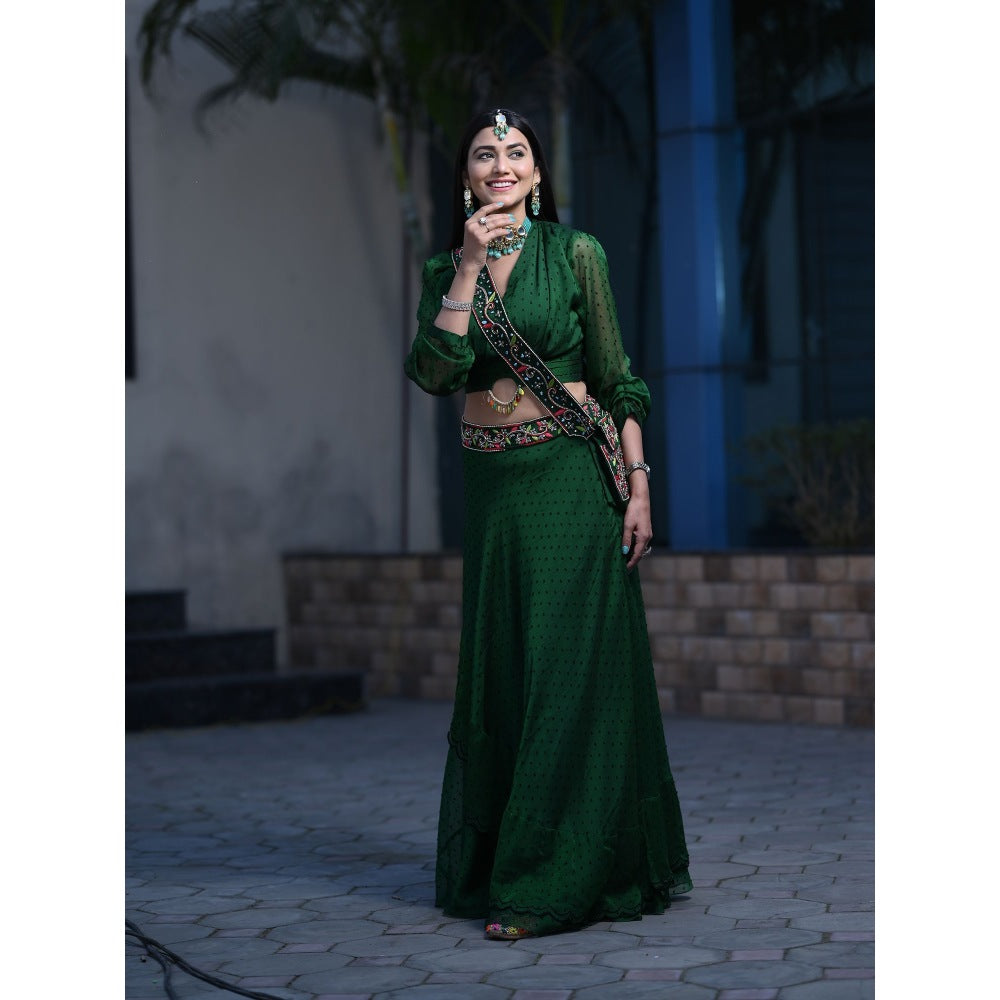 Payal Dawar Green Ethnic Chic Crop Top with Skirt and Sling Bag (Set of 3)
