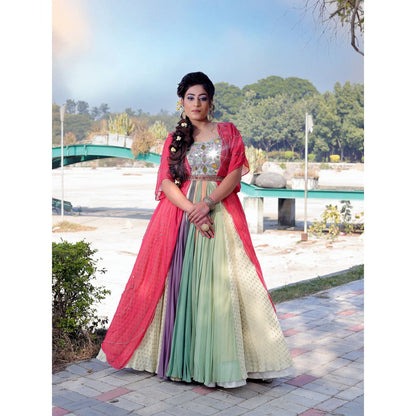 Payal Dawar Blue Panelled Classic Lehenga with Blouse and Cape and Belt (Set of 4)