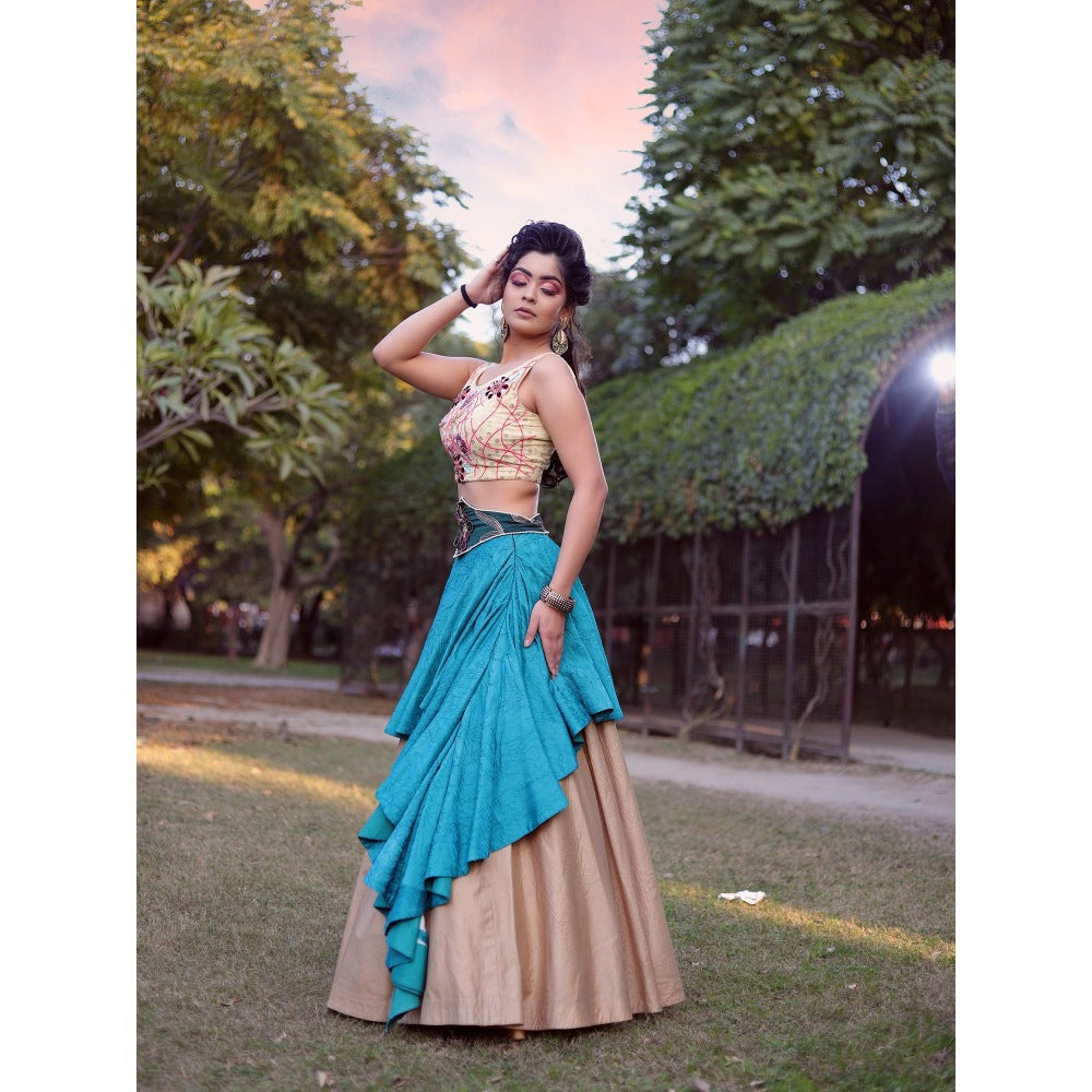Payal Dawar Beige Drape Crop Top with Skirt and Belt (Set of 3)
