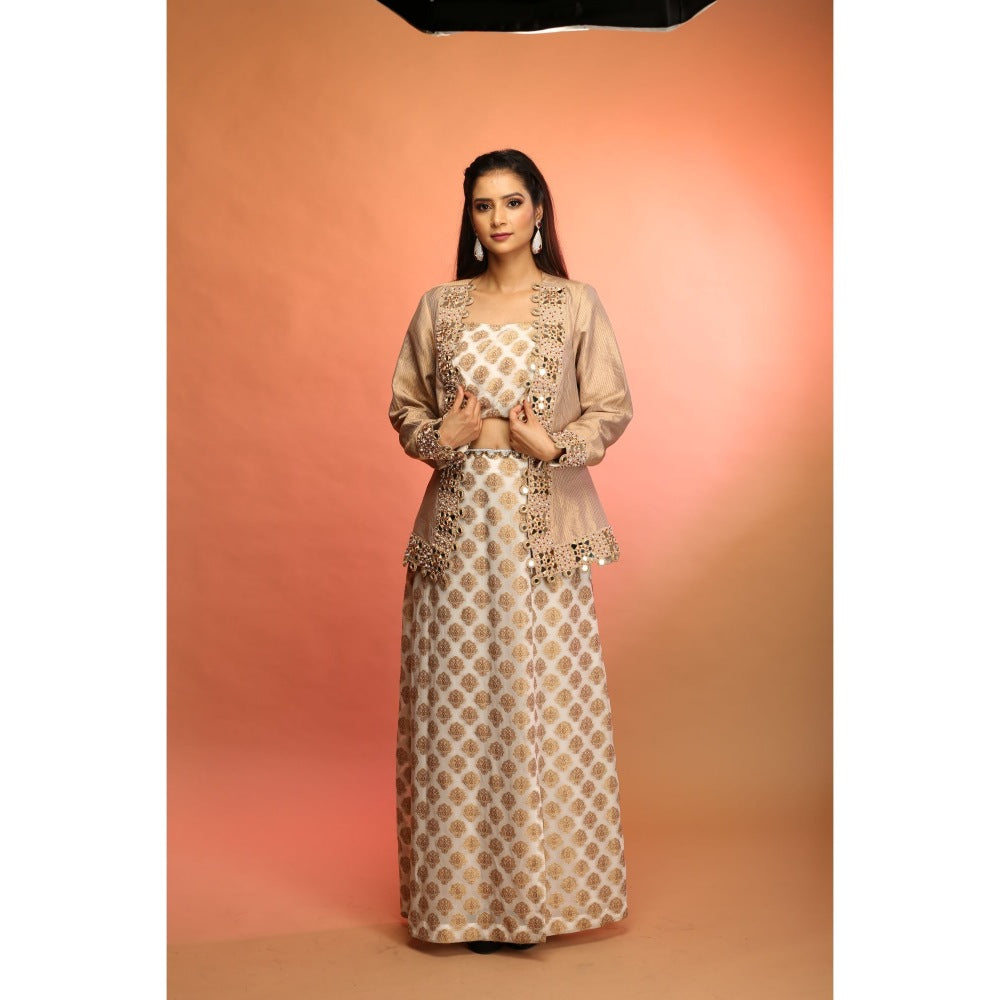 Payal Dawar Gold Banarasi Fusion Crop Top with Skirt and Jacket (Set of 3)