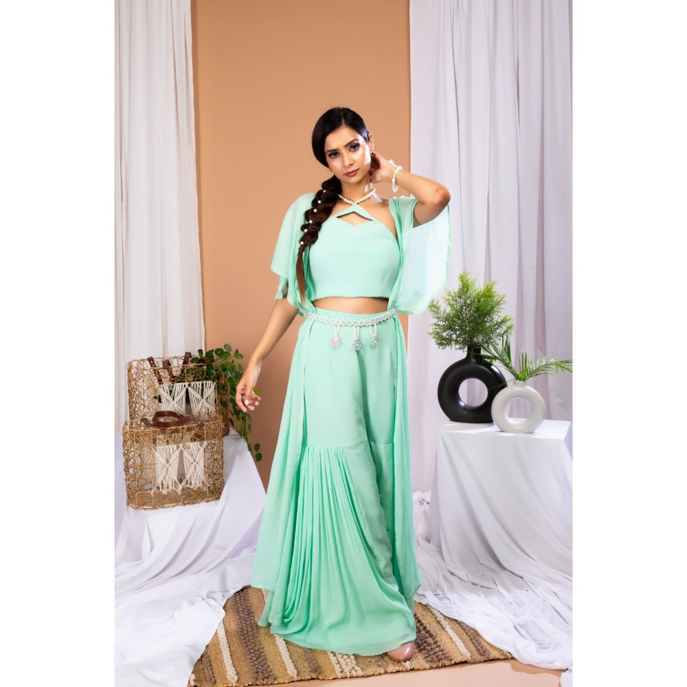 Payal Dawar Green Supple Summer Splash Cape with Crop Top and Sharara and Belt (Set of 4)