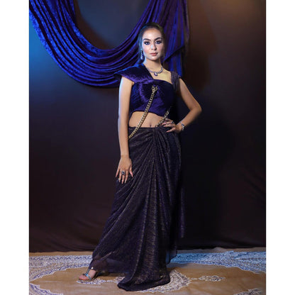 Payal Dawar Navy Blue Bold Pre Draped Saree with Stitched Blouse