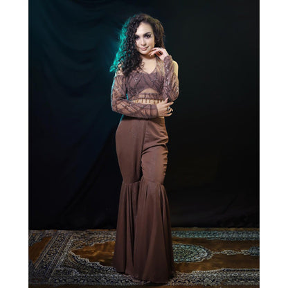 Payal Dawar Brown Bold Embellished Top and Sharara with Detachable Sleeves (Set of 3)