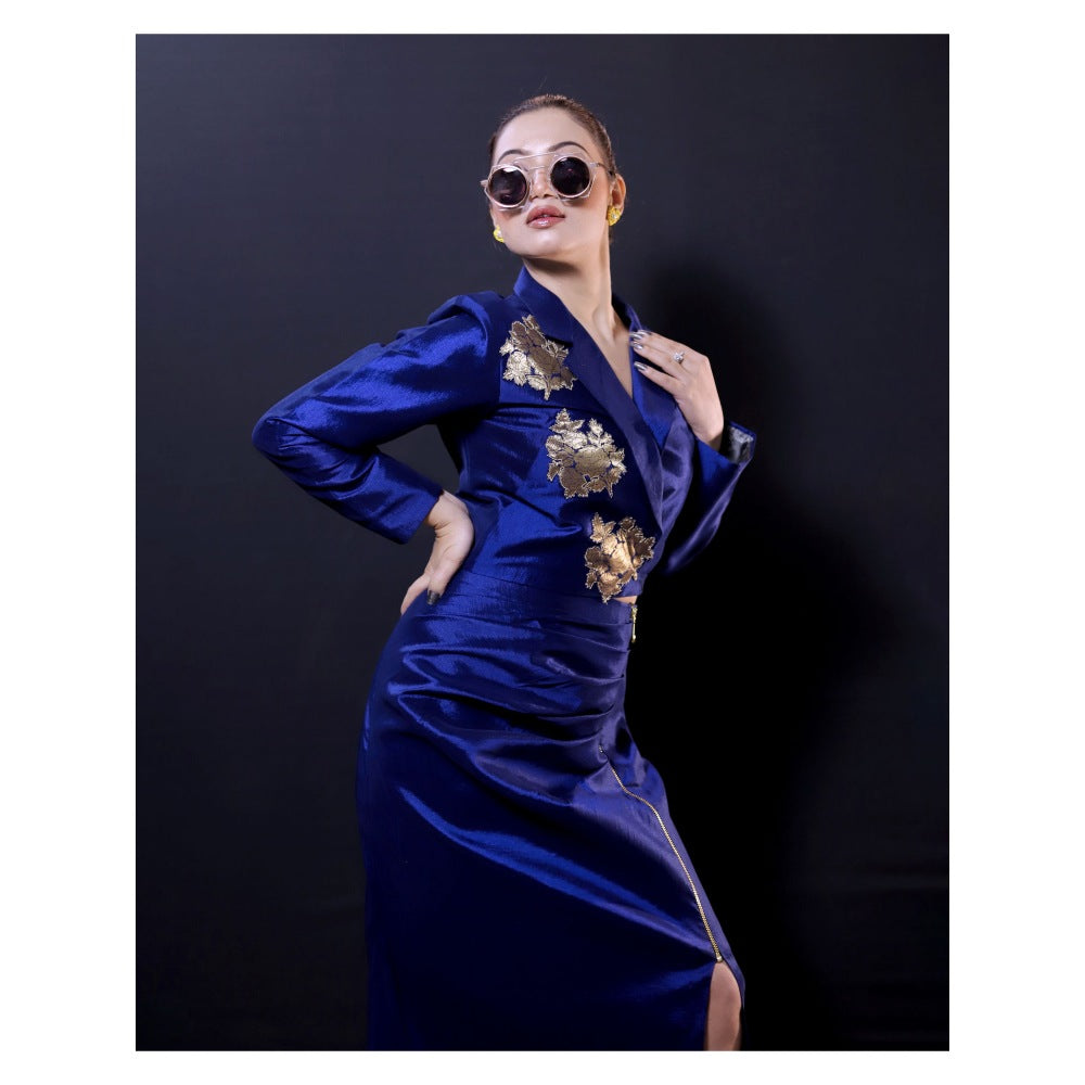 Payal Dawar Blue Embroidered Blazer and Skirt (Set of 2)