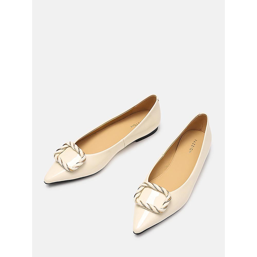PAZZION Women's Beige Jan Buckle Bow Ballerina