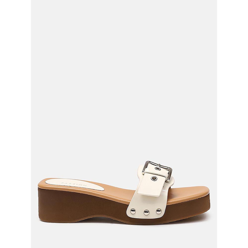 PAZZION Women's Beige Pat Buckle Sandals Heels