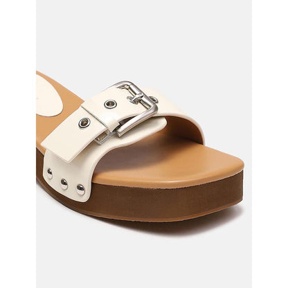 PAZZION Women's Beige Pat Buckle Sandals Heels