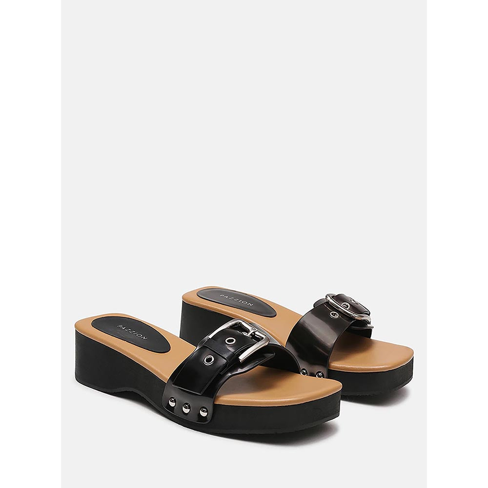 PAZZION Women's Black Pat Buckle Sandals Heels