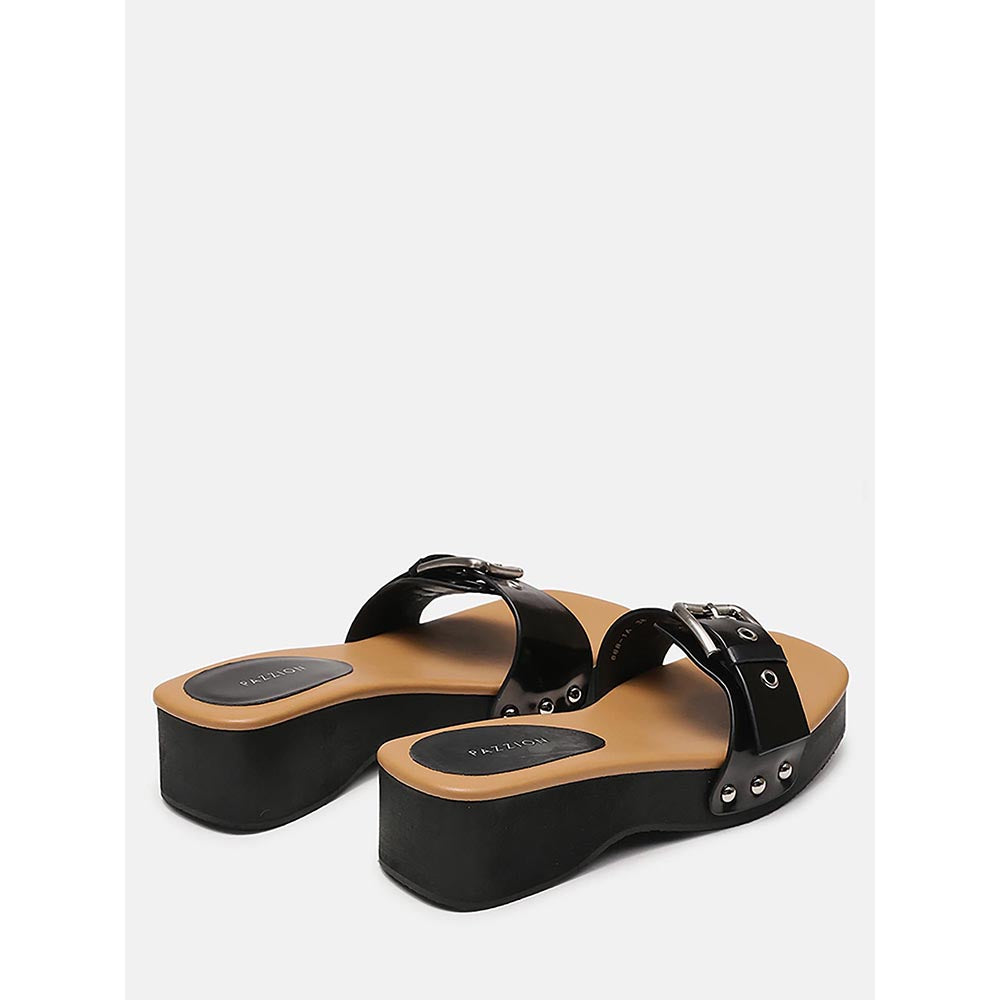 PAZZION Women's Black Pat Buckle Sandals Heels
