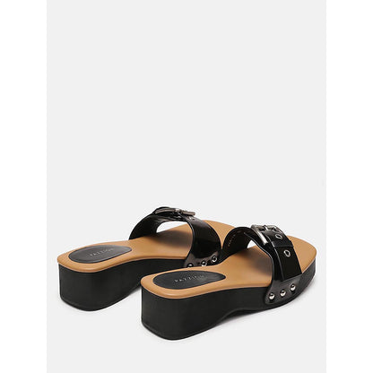 PAZZION Women's Black Pat Buckle Sandals Heels