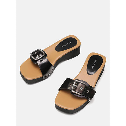 PAZZION Women's Black Pat Buckle Sandals Heels