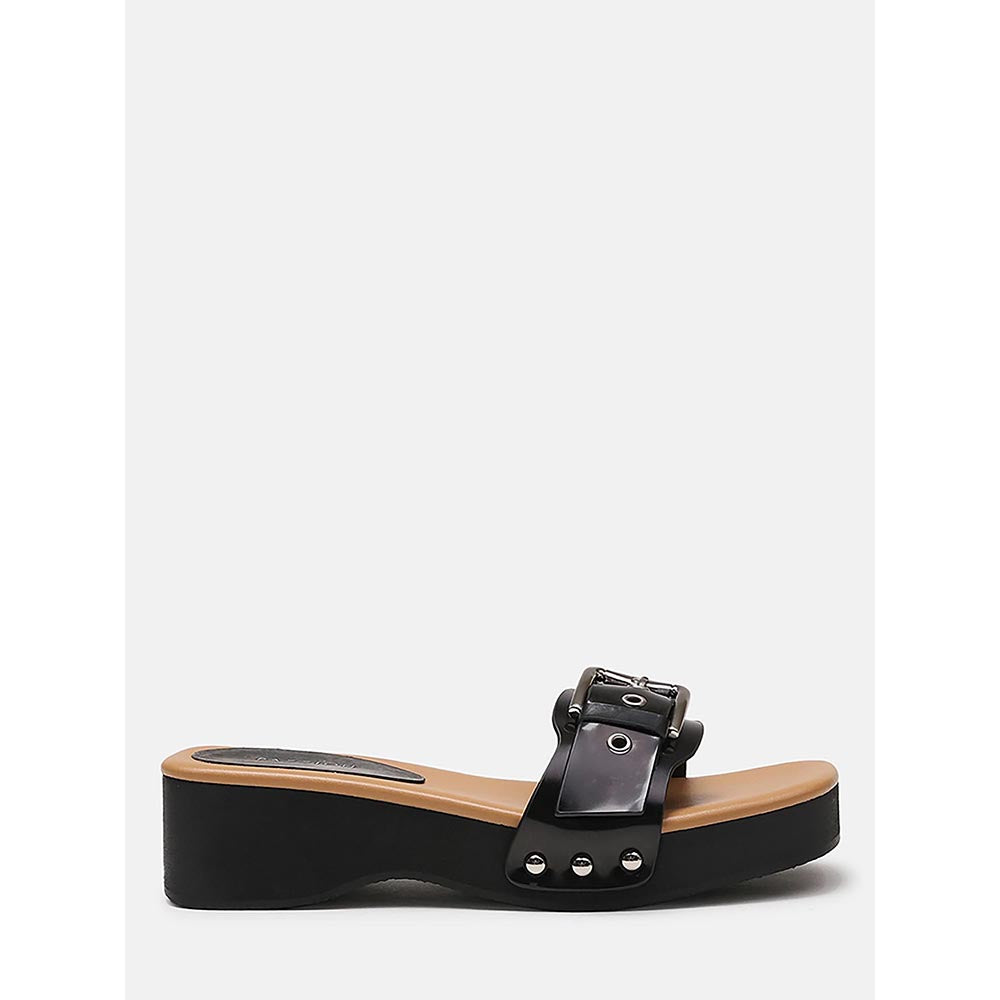 PAZZION Women's Black Pat Buckle Sandals Heels