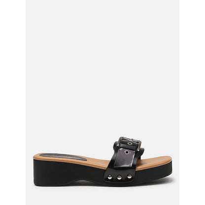 PAZZION Women's Black Pat Buckle Sandals Heels