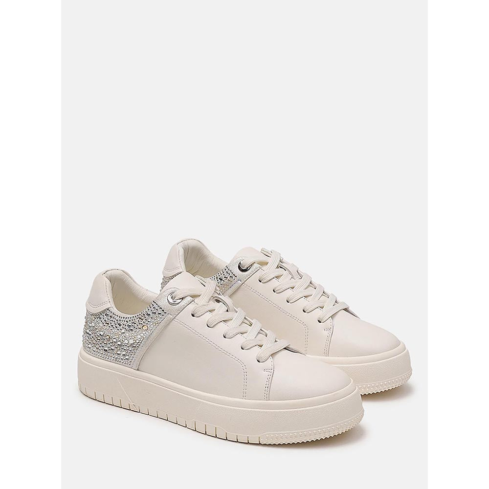 PAZZION Women Beige Arco Crystal Embellished Chunky Lace-Up Sneakers