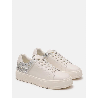 PAZZION Women Beige Arco Crystal Embellished Chunky Lace-Up Sneakers
