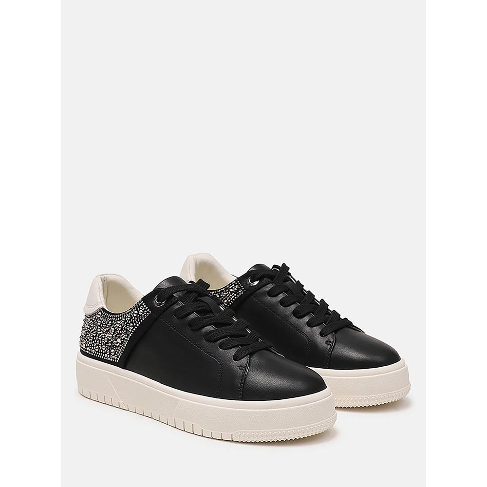 PAZZION Women Black Arco Crystal Embellished Chunky Lace-Up Sneakers