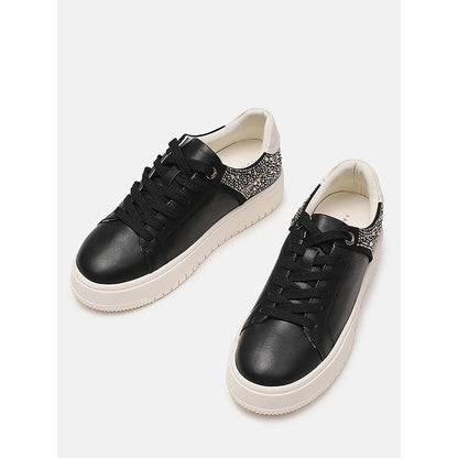 PAZZION Women Black Arco Crystal Embellished Chunky Lace-Up Sneakers