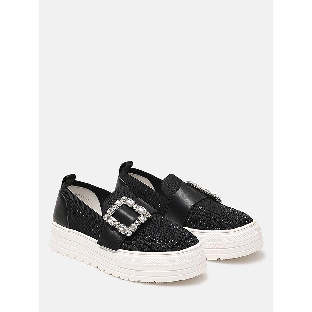 PAZZION Women Black Callie Crystal Stretch-Knit Platform Sneakers