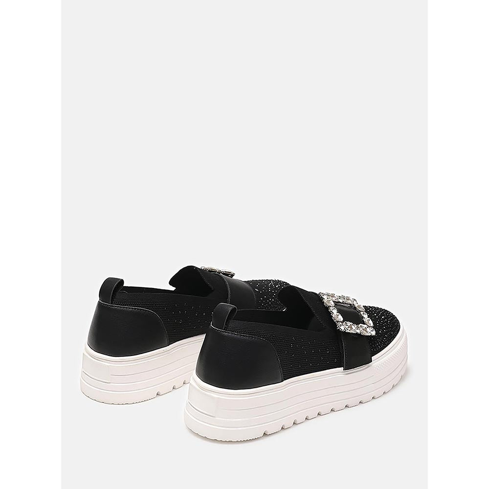 PAZZION Women Black Callie Crystal Stretch-Knit Platform Sneakers