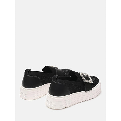 PAZZION Women Black Callie Crystal Stretch-Knit Platform Sneakers