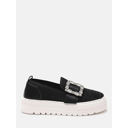 PAZZION Women Black Callie Crystal Stretch-Knit Platform Sneakers