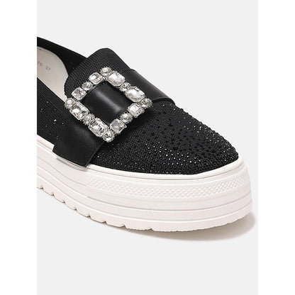 PAZZION Women Black Callie Crystal Stretch-Knit Platform Sneakers