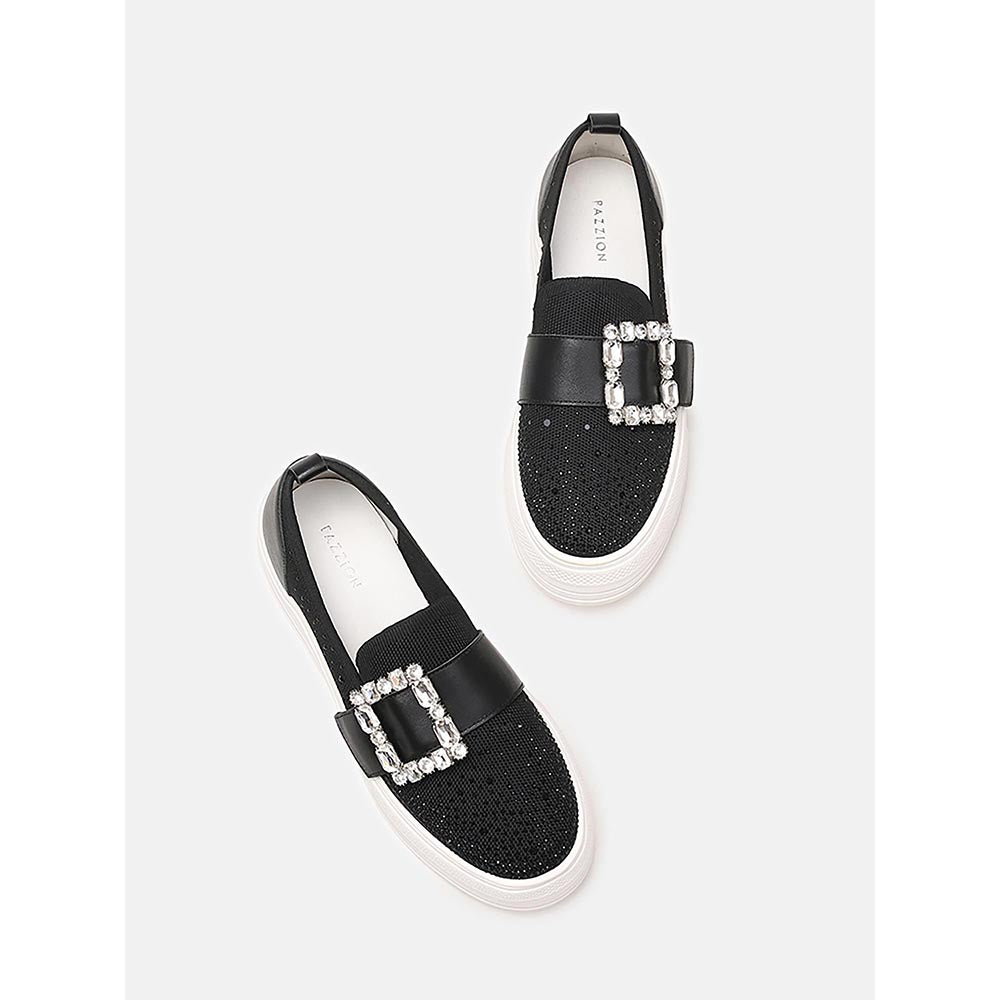 PAZZION Women Black Callie Crystal Stretch-Knit Platform Sneakers