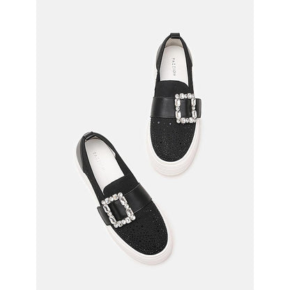 PAZZION Women Black Callie Crystal Stretch-Knit Platform Sneakers