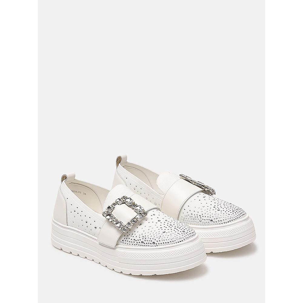 PAZZION Women White Callie Crystal Stretch-Knit Platform Sneakers