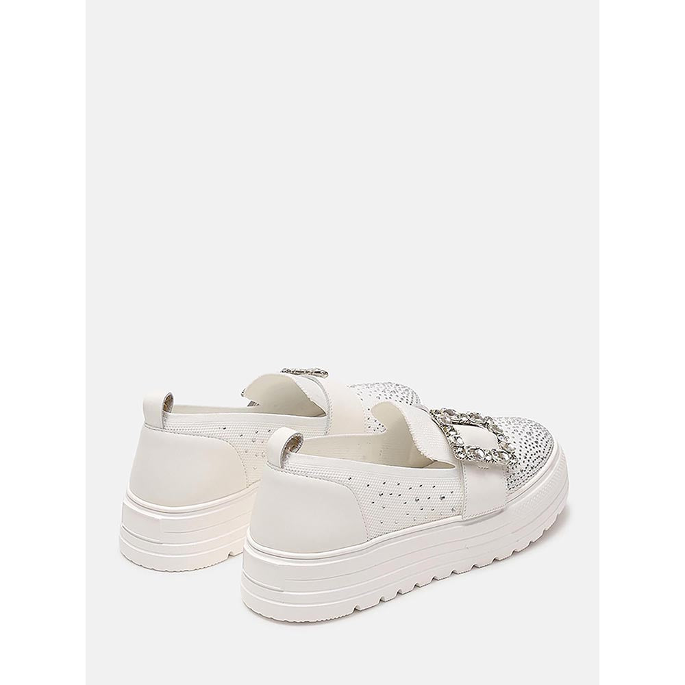 PAZZION Women White Callie Crystal Stretch-Knit Platform Sneakers