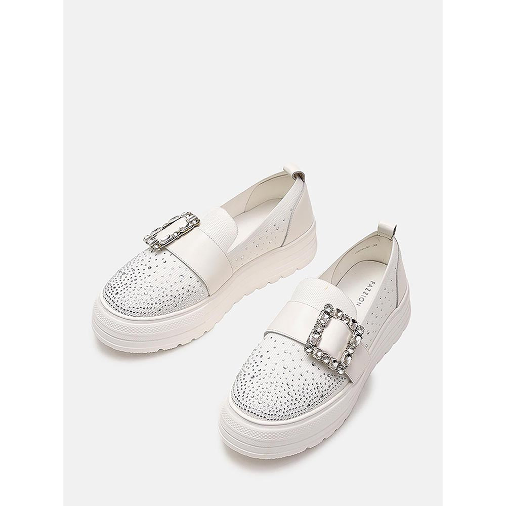 PAZZION Women White Callie Crystal Stretch-Knit Platform Sneakers