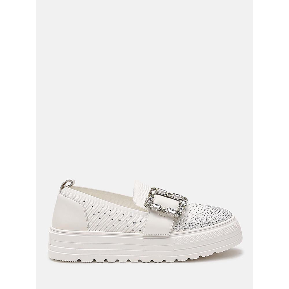 PAZZION Women White Callie Crystal Stretch-Knit Platform Sneakers