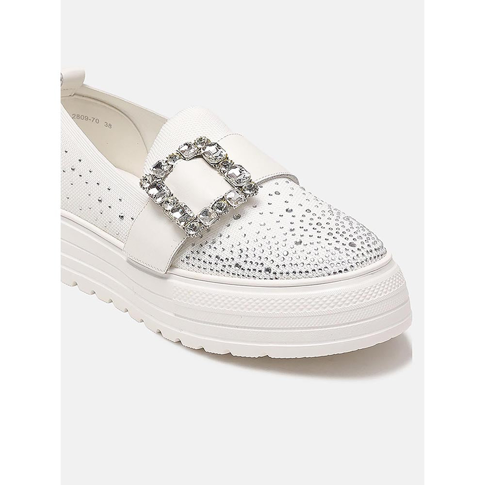 PAZZION Women White Callie Crystal Stretch-Knit Platform Sneakers