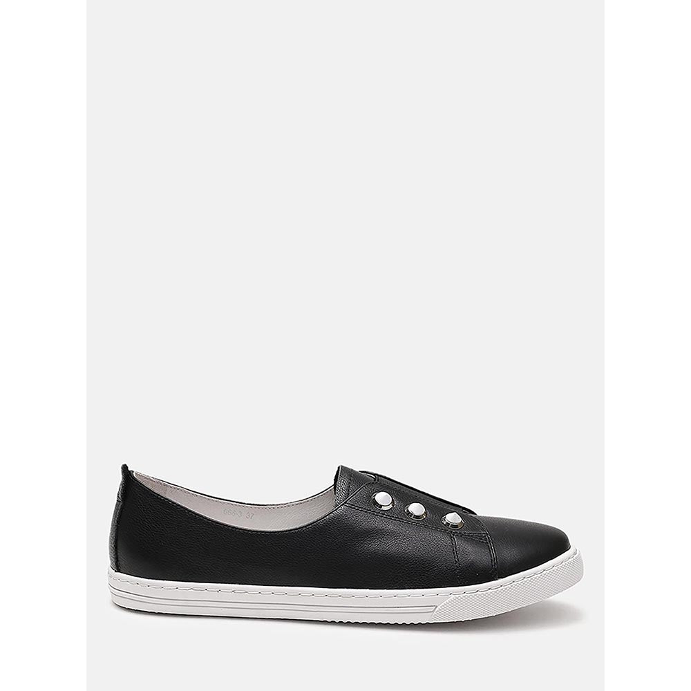 PAZZION Women Black Studded Silver Accent Leather Slip-On Sneakers
