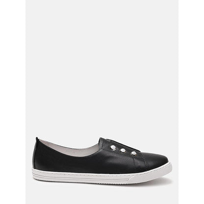 PAZZION Women Black Studded Silver Accent Leather Slip-On Sneakers