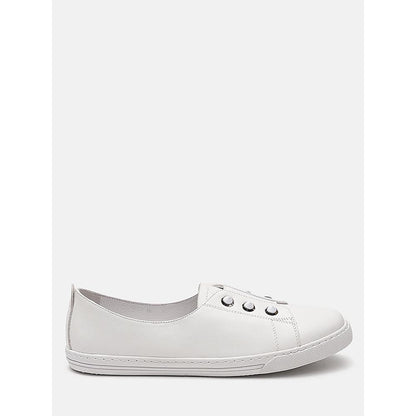 PAZZION Women White Studded Silver Accent Leather Slip-On Sneakers