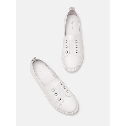 PAZZION Women White Studded Silver Accent Leather Slip-On Sneakers
