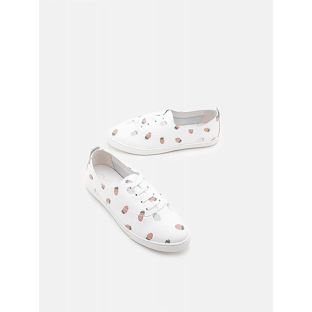 PAZZION Women White Fruity Print Leather Sneakers